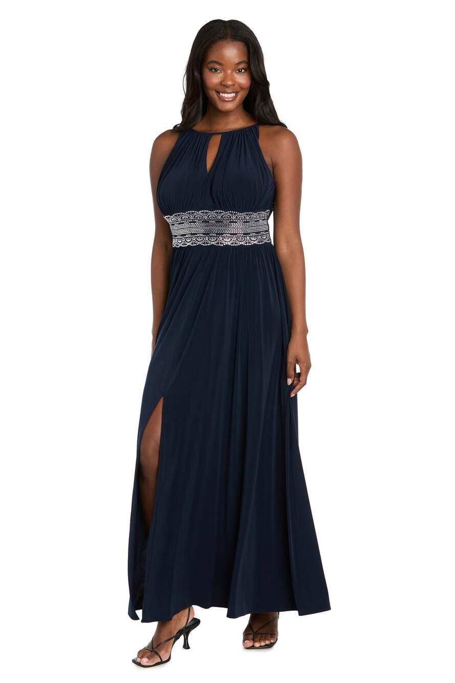 R&M Richards Long Halter NavyDress With Rhinestone Waistline Sz 14
